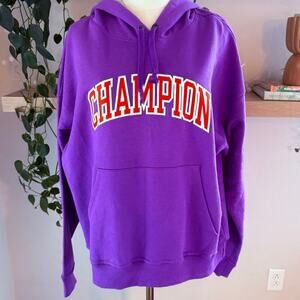 Champion Authentic Purple Hoodie Large Classic Orange Logo Pullover Unisex
